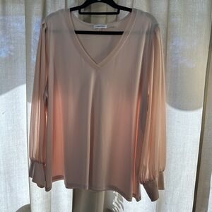 Calvin Klein Women's Blush Pink Chiffon V‎ Neck Blouse Size 2X Sheer Sleeves